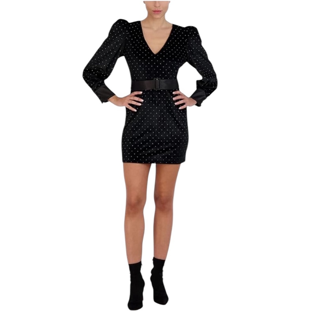 BCBGMAXAZRIA Velvet Puff Long Sleeve‎ Deep V Neck Detachable Belt Cocktail Dress